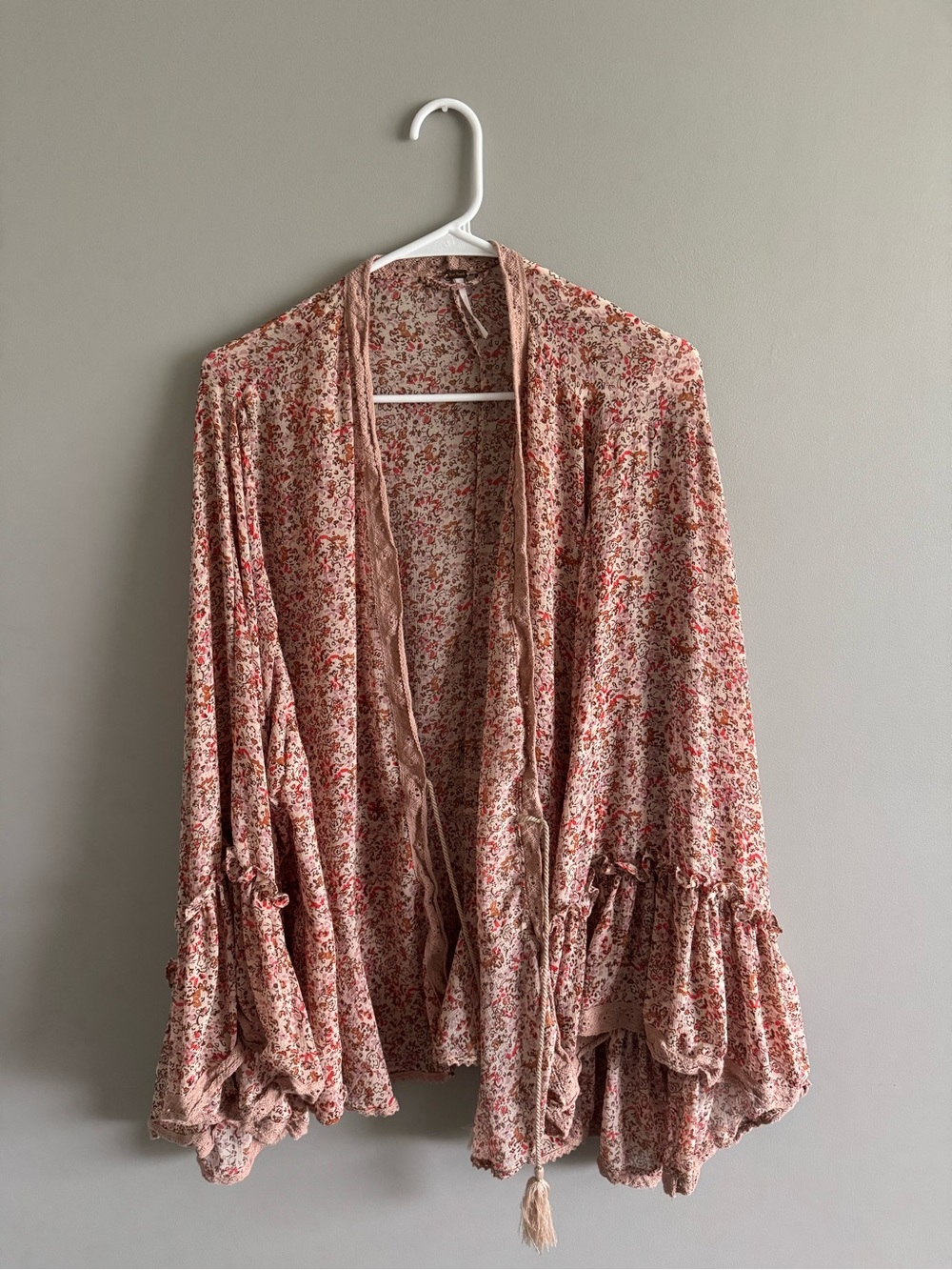 Free People Floral Pink Open-Front Ruffle Kimono Jacket